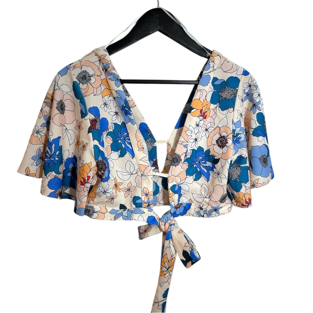 Zara Floral Tie Crop Top Blue Peach Print Flutter Sleeve Medium Blogger Fav